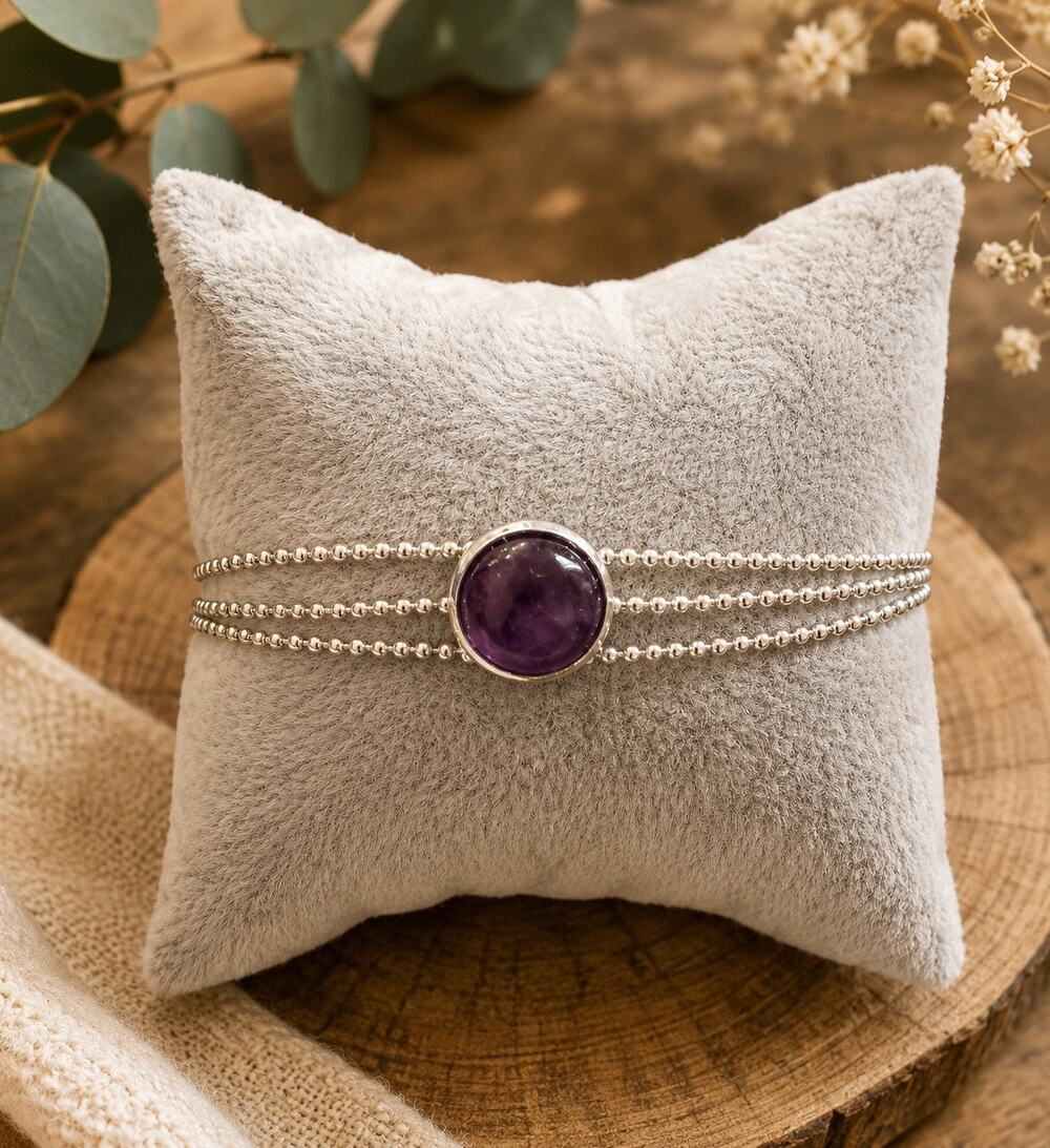 LBVYR triple-strand ball-chain bracelet with a purple cabochon center stone